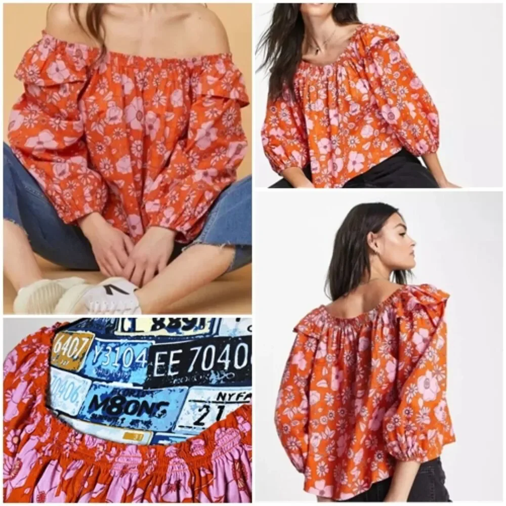 FREE PEOPLE Miss Daisy Floral Off Shoulder Top Ruffle Puff Sleeve Heat Wave Sz M